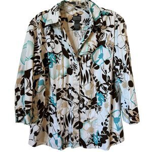 Chico's Additions Sz 2 Cotton Blouse Blues & Browns 3/4 Sleeve
